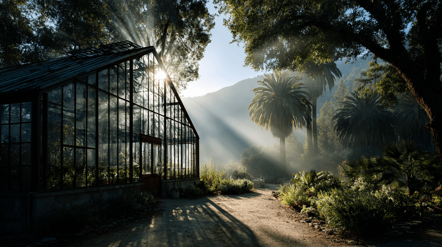 Empty greenhouse in a misty California valley at dawn