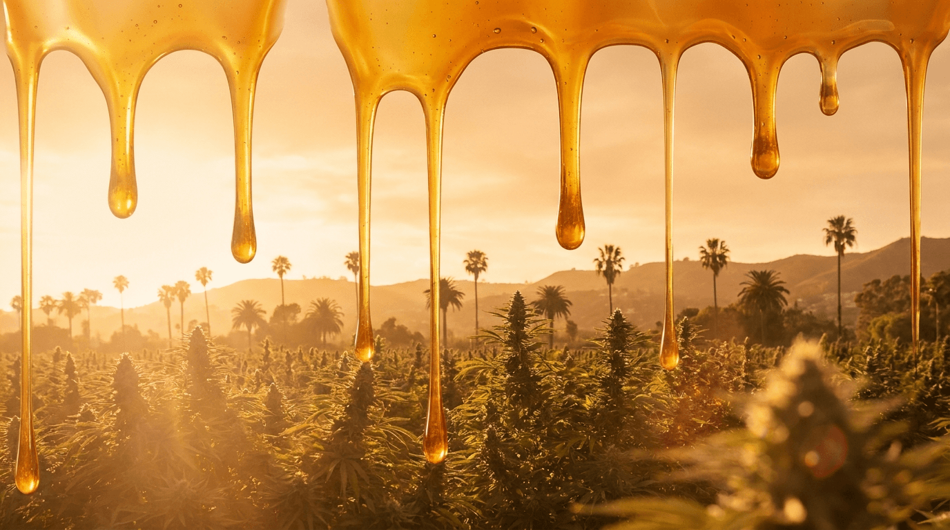710 Oil Day — molten golden cannabis oil over deep black