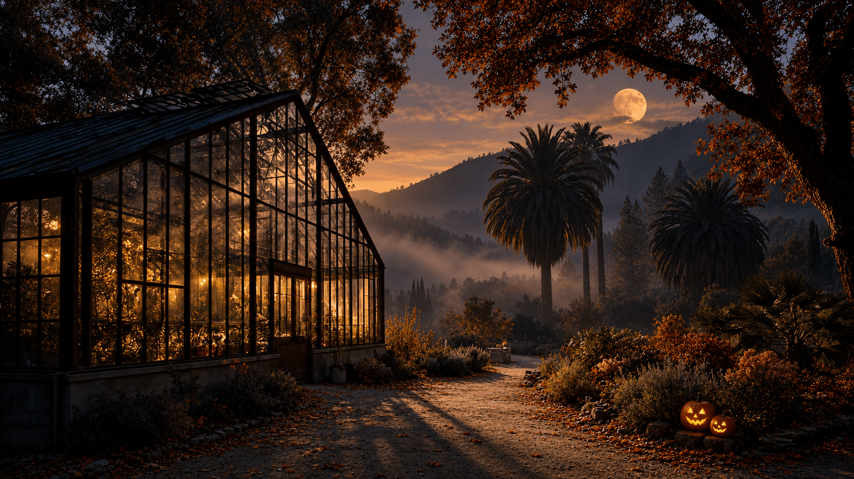 The familiar California greenhouse at dusk, with amber lanterns, a moon and two small jack-o-lanterns