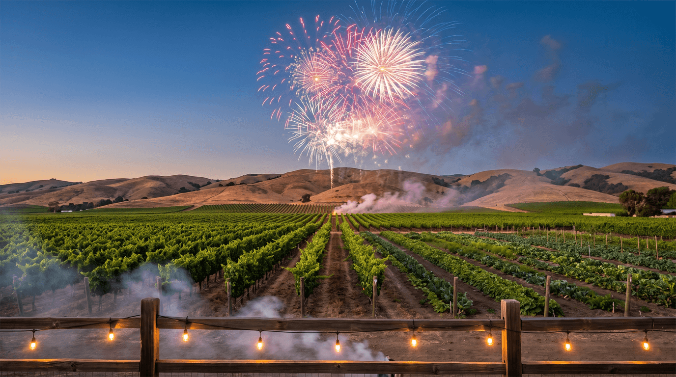 4th of July — fireworks over a California farm at dusk